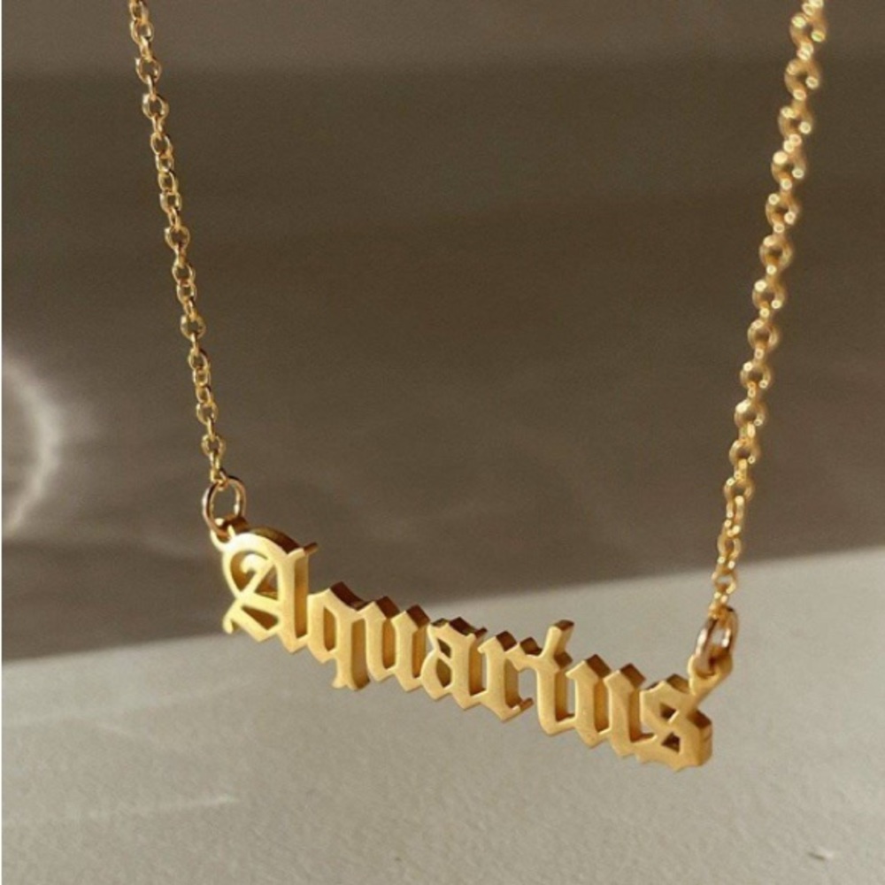 Zodiac Aquarius Necklace Gold Gothic Font Print 16in